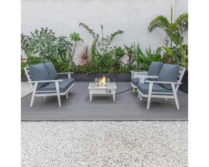 LeisureMod™ Walbrooke Modern White Patio Conversation With Square Fire Pit With Slats Design & Tank Holder - Navy Blue