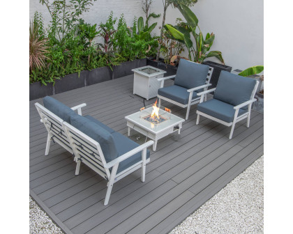 LeisureMod™ Walbrooke Modern White Patio Conversation With Square Fire Pit With Slats Design & Tank Holder - Navy Blue