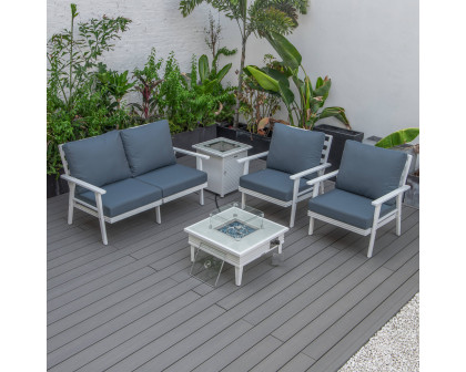 LeisureMod™ Walbrooke Modern White Patio Conversation With Square Fire Pit With Slats Design & Tank Holder - Navy Blue