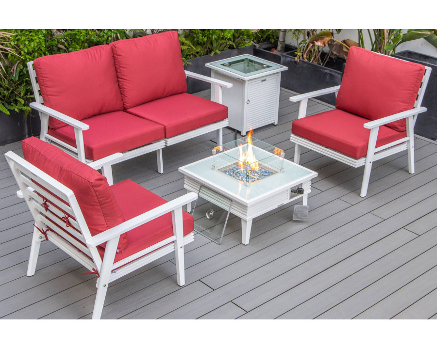 LeisureMod Walbrooke Modern White Patio Conversation With Square Fire Pit With Slats Design & Tank Holder - Red