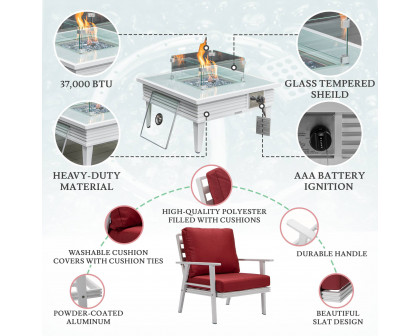 LeisureMod Walbrooke Modern White Patio Conversation With Square Fire Pit With Slats Design & Tank Holder - Red