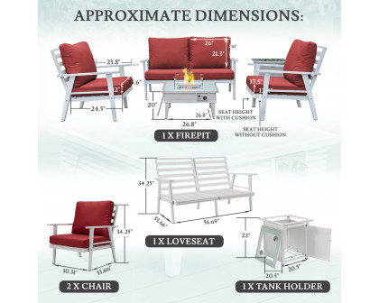 LeisureMod Walbrooke Modern White Patio Conversation With Square Fire Pit With Slats Design & Tank Holder - Red