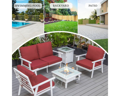 LeisureMod Walbrooke Modern White Patio Conversation With Square Fire Pit With Slats Design & Tank Holder - Red