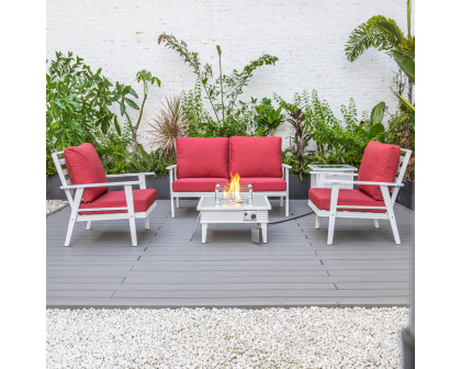 LeisureMod Walbrooke Modern White Patio Conversation With Square Fire Pit With Slats Design & Tank Holder - Red