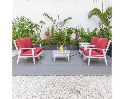 LeisureMod Walbrooke Modern White Patio Conversation With Square Fire Pit With Slats Design & Tank Holder - Red