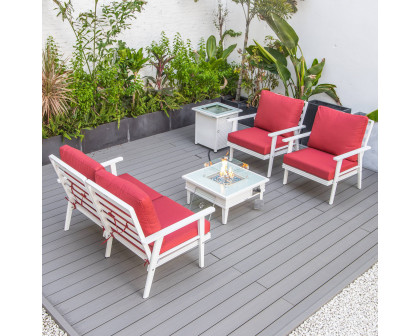 LeisureMod Walbrooke Modern White Patio Conversation With Square Fire Pit With Slats Design & Tank Holder - Red