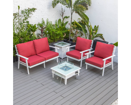 LeisureMod Walbrooke Modern White Patio Conversation With Square Fire Pit With Slats Design & Tank Holder - Red