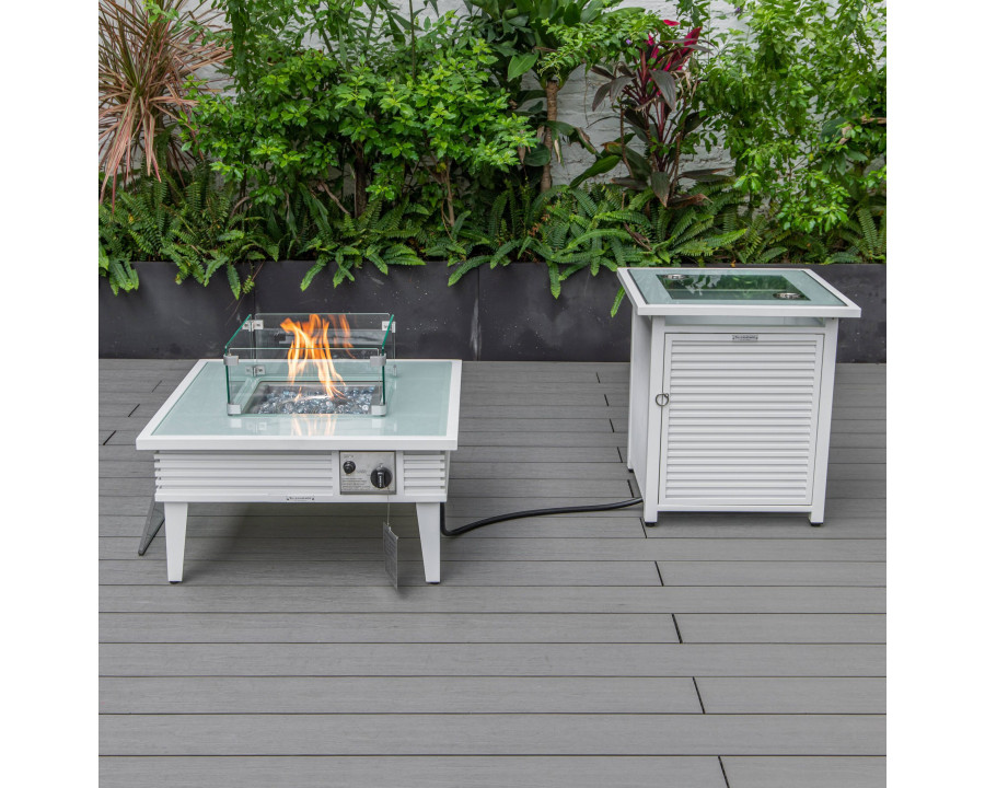 LeisureMod Walbrooke Outdoor Patio Square Fire Pit and Tank Holder with Slats Design - White