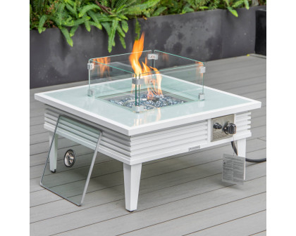 LeisureMod Walbrooke Modern Outdoor Square Fire Pit Table with Powder-Coated Aluminum Frame and Slats Design - White