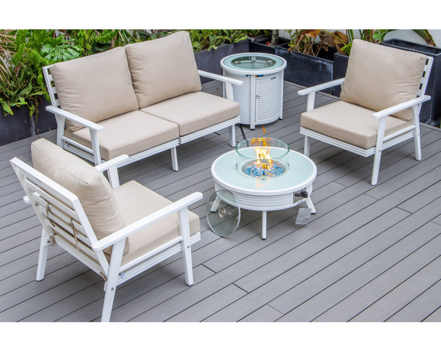 LeisureMod Walbrooke Modern White Patio Conversation With Round Fire Pit With Slats Design & Tank Holder - Beige