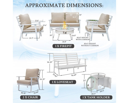 LeisureMod Walbrooke Modern White Patio Conversation With Round Fire Pit With Slats Design & Tank Holder - Beige