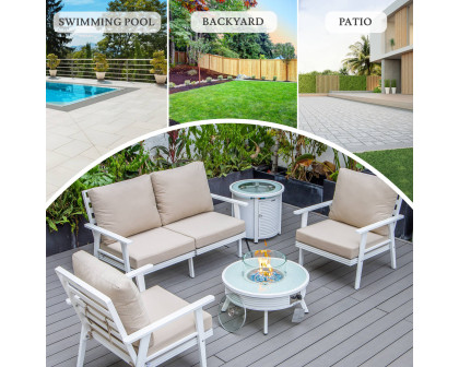 LeisureMod Walbrooke Modern White Patio Conversation With Round Fire Pit With Slats Design & Tank Holder - Beige