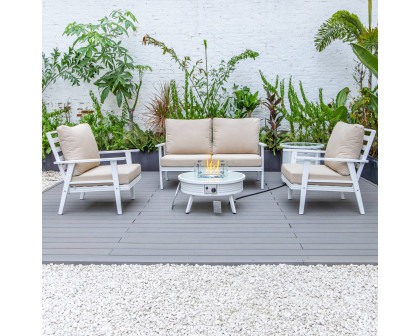 LeisureMod Walbrooke Modern White Patio Conversation With Round Fire Pit With Slats Design & Tank Holder - Beige