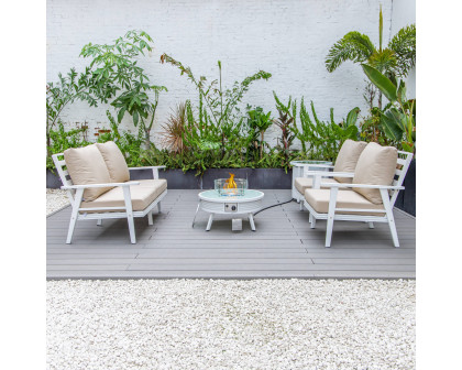 LeisureMod Walbrooke Modern White Patio Conversation With Round Fire Pit With Slats Design & Tank Holder - Beige