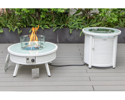 LeisureMod Walbrooke Modern White Patio Conversation With Round Fire Pit With Slats Design & Tank Holder - Beige