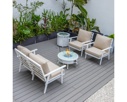 LeisureMod Walbrooke Modern White Patio Conversation With Round Fire Pit With Slats Design & Tank Holder - Beige