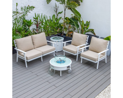 LeisureMod Walbrooke Modern White Patio Conversation With Round Fire Pit With Slats Design & Tank Holder - Beige