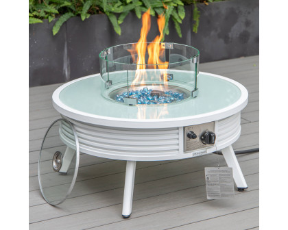 LeisureMod Walbrooke Modern White Patio Conversation With Round Fire Pit With Slats Design & Tank Holder - Beige