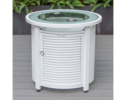 LeisureMod Walbrooke Modern White Patio Conversation With Round Fire Pit With Slats Design & Tank Holder - Beige