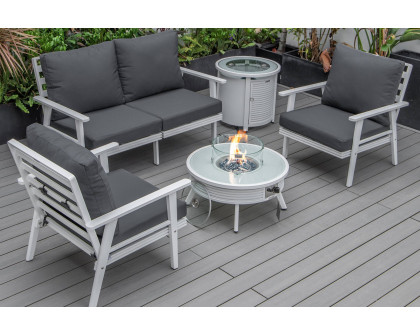 LeisureMod Walbrooke Modern Black Patio Conversation With Round Fire Pit With Slats Design & Tank Holder