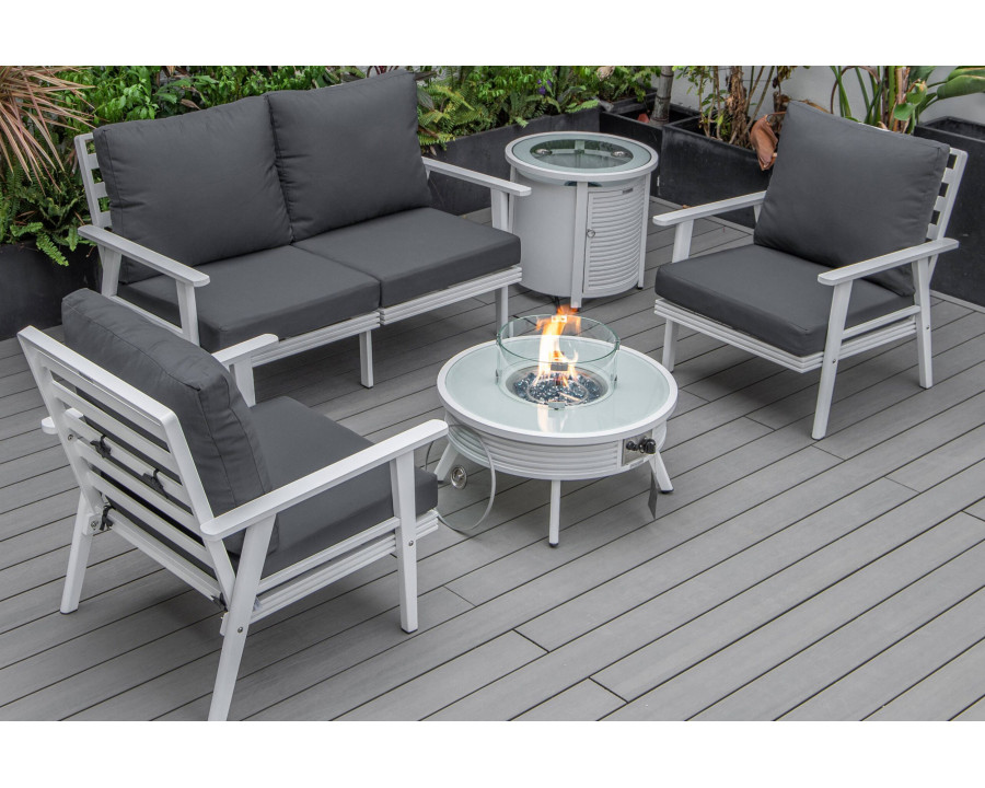 LeisureMod Walbrooke Modern White Patio Conversation With Round Fire Pit With Slats Design & Tank Holder - Charcoal