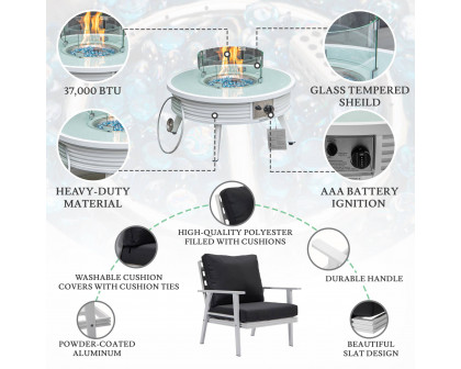 LeisureMod Walbrooke Modern White Patio Conversation With Round Fire Pit With Slats Design & Tank Holder - Charcoal