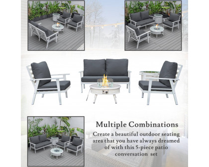 LeisureMod Walbrooke Modern White Patio Conversation With Round Fire Pit With Slats Design & Tank Holder - Charcoal