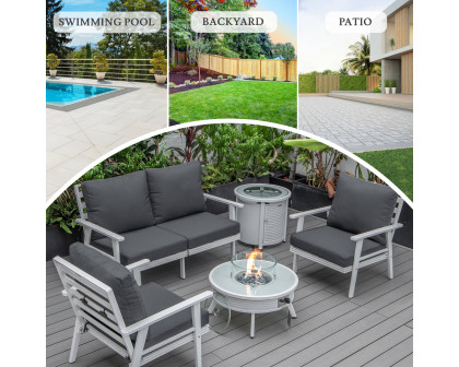 LeisureMod Walbrooke Modern White Patio Conversation With Round Fire Pit With Slats Design & Tank Holder - Charcoal