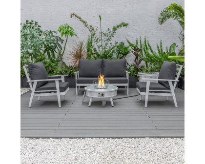 LeisureMod Walbrooke Modern White Patio Conversation With Round Fire Pit With Slats Design & Tank Holder - Charcoal