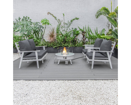 LeisureMod Walbrooke Modern White Patio Conversation With Round Fire Pit With Slats Design & Tank Holder - Charcoal