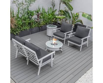 LeisureMod Walbrooke Modern White Patio Conversation With Round Fire Pit With Slats Design & Tank Holder - Charcoal