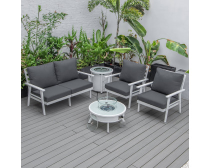 LeisureMod Walbrooke Modern White Patio Conversation With Round Fire Pit With Slats Design & Tank Holder - Charcoal