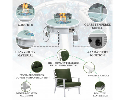 LeisureMod Walbrooke Modern White Patio Conversation With Round Fire Pit With Slats Design & Tank Holder - Green