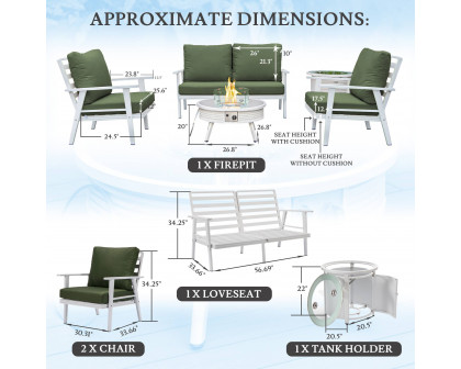 LeisureMod Walbrooke Modern White Patio Conversation With Round Fire Pit With Slats Design & Tank Holder - Green