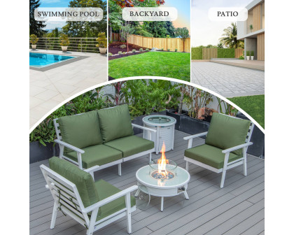 LeisureMod Walbrooke Modern White Patio Conversation With Round Fire Pit With Slats Design & Tank Holder - Green