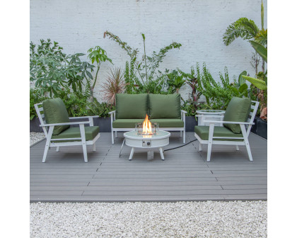 LeisureMod Walbrooke Modern White Patio Conversation With Round Fire Pit With Slats Design & Tank Holder - Green