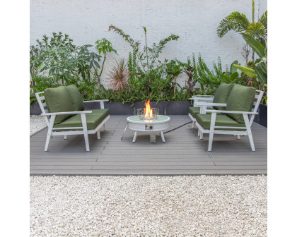 LeisureMod Walbrooke Modern White Patio Conversation With Round Fire Pit With Slats Design & Tank Holder - Green