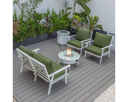 LeisureMod Walbrooke Modern White Patio Conversation With Round Fire Pit With Slats Design & Tank Holder - Green