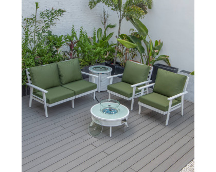 LeisureMod Walbrooke Modern White Patio Conversation With Round Fire Pit With Slats Design & Tank Holder - Green