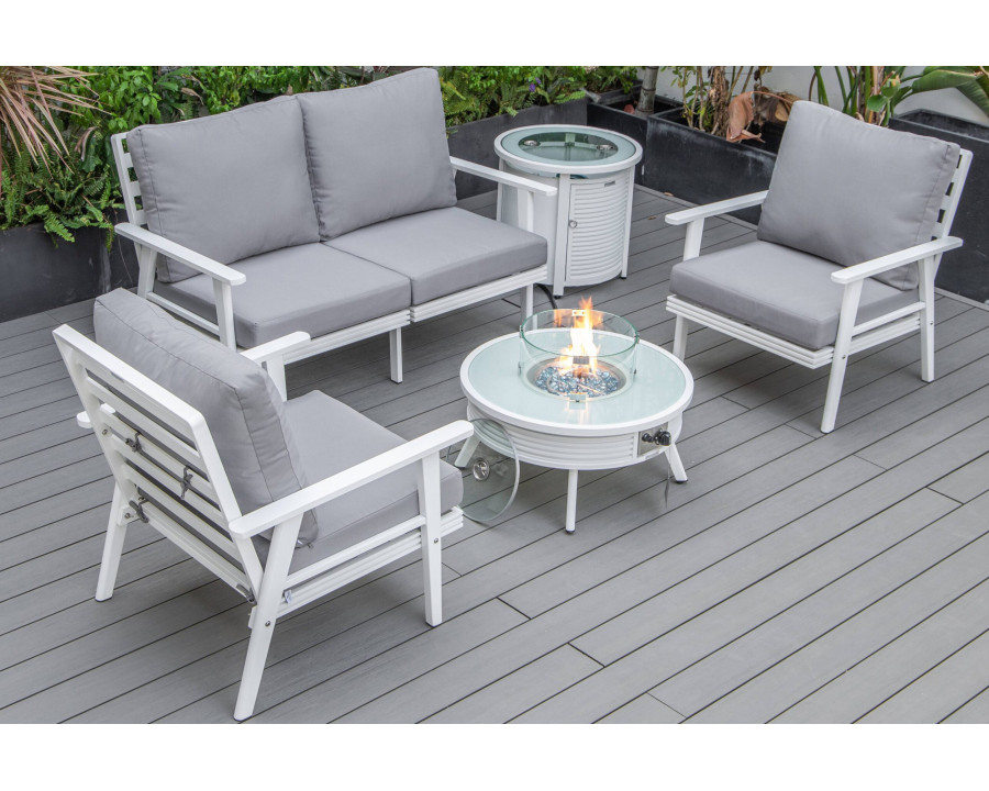 LeisureMod Walbrooke Modern White Patio Conversation With Round Fire Pit With Slats Design & Tank Holder - Gray