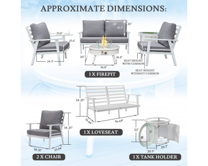 LeisureMod Walbrooke Modern White Patio Conversation With Round Fire Pit With Slats Design & Tank Holder - Gray