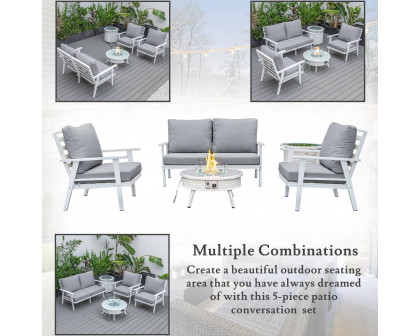 LeisureMod Walbrooke Modern White Patio Conversation With Round Fire Pit With Slats Design & Tank Holder - Gray