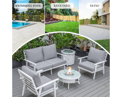 LeisureMod Walbrooke Modern White Patio Conversation With Round Fire Pit With Slats Design & Tank Holder - Gray