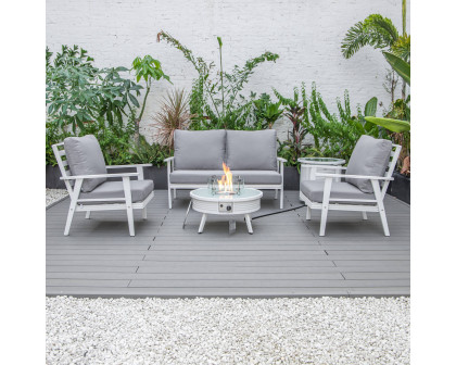 LeisureMod Walbrooke Modern White Patio Conversation With Round Fire Pit With Slats Design & Tank Holder - Gray