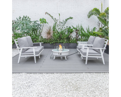 LeisureMod Walbrooke Modern White Patio Conversation With Round Fire Pit With Slats Design & Tank Holder - Gray