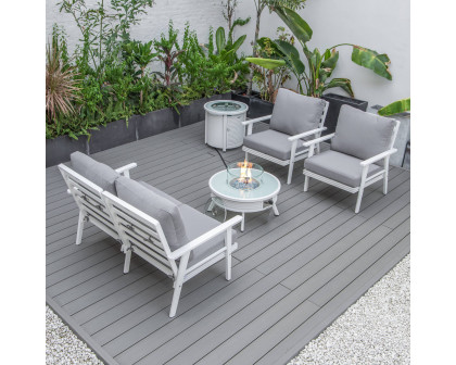 LeisureMod Walbrooke Modern White Patio Conversation With Round Fire Pit With Slats Design & Tank Holder - Gray