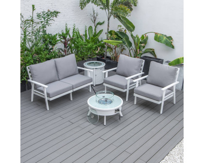 LeisureMod Walbrooke Modern White Patio Conversation With Round Fire Pit With Slats Design & Tank Holder - Gray