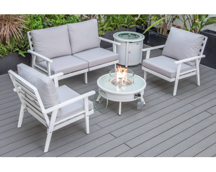 LeisureMod Walbrooke Modern Black Patio Conversation With Round Fire Pit With Slats Design & Tank Holder