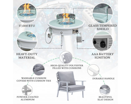 LeisureMod Walbrooke Modern White Patio Conversation With Round Fire Pit With Slats Design & Tank Holder - Light Gray