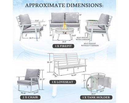 LeisureMod Walbrooke Modern White Patio Conversation With Round Fire Pit With Slats Design & Tank Holder - Light Gray